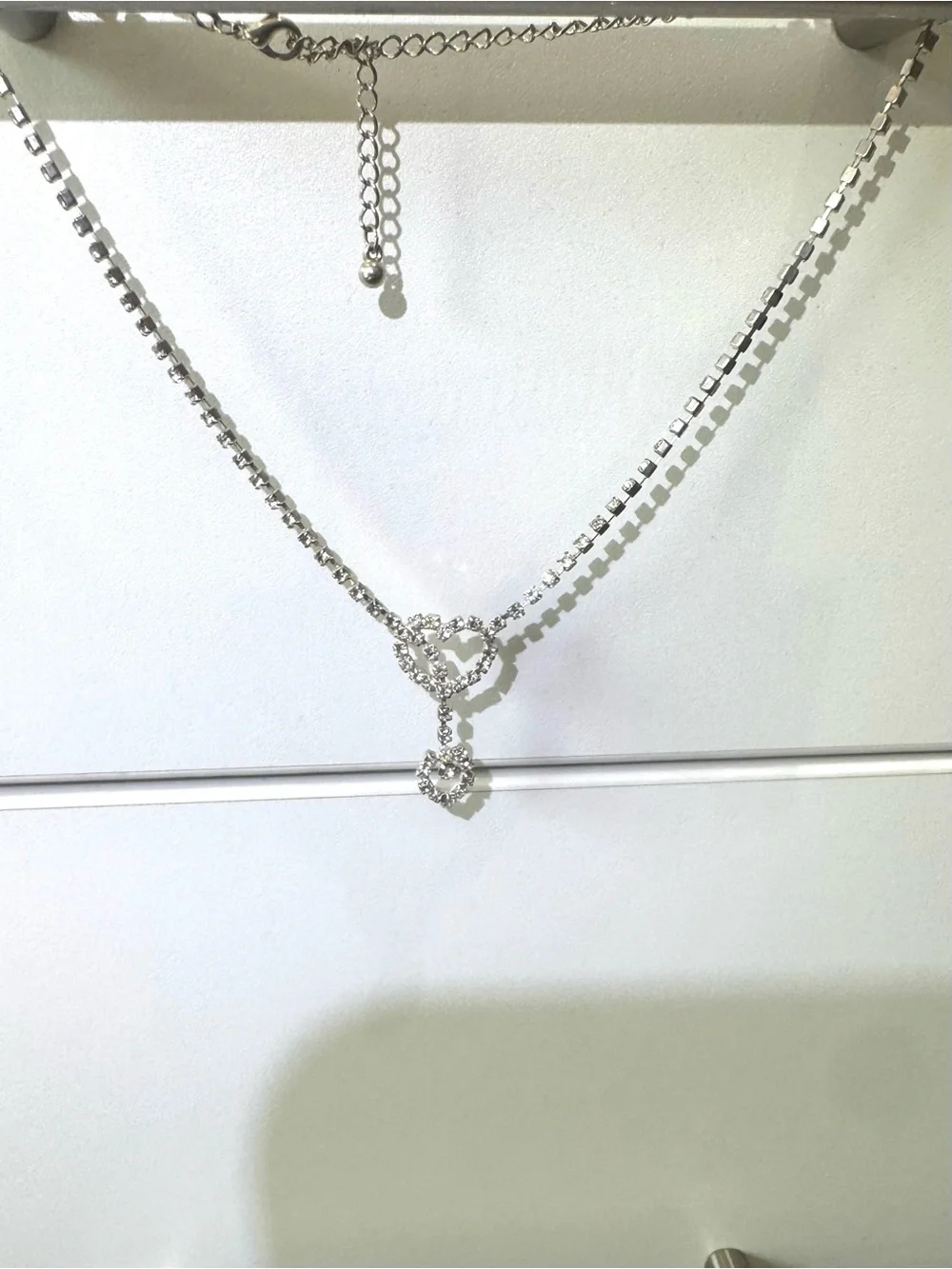 Silver Crystal Heart Drop Necklace - Sparkling Silver Tone